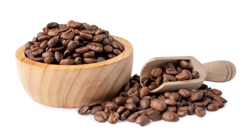 Café en grano natural en taza de madera con granos sueltos